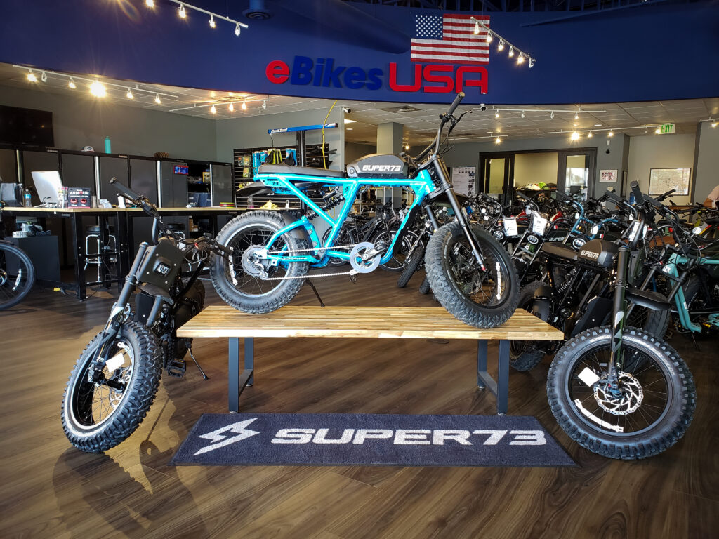 Image showing Super73 e-bike models in the eBikes USA Cherry Creek showroom.