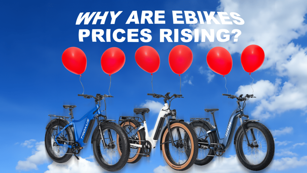 Graphic image of 3 ebikes flying up with balloons attached. Graphic text says Why are ebikes prices rising?