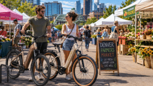A happy couple walking their ebikes at a Denver farmers market.