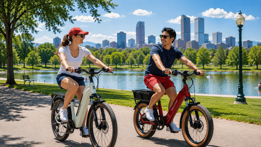 A happy couple on a warm summer day in July riding their e-bikes in a Denver park.
